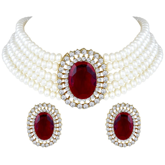Gold-Polished Traditional Stone Studded Pearl Choker Necklace Jewellery Set For Women/Girls - Wahe Jewels - Swadesiicart