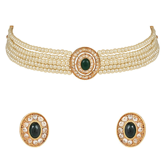 Gold-Polished Traditional Handcrafted Stone Studded Pearl Choker Necklace Jewellery Set With Earrings For Women And Girls - Wahe Jewels - Swadesiicart