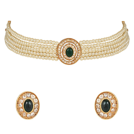 Gold-Polished Traditional Handcrafted Stone Studded Pearl Choker Necklace Jewellery Set With Earrings For Women And Girls - Wahe Jewels