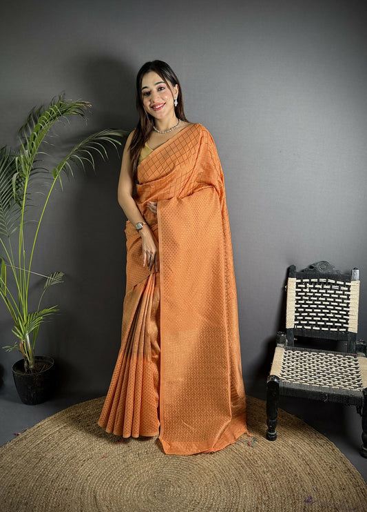 Joban Fashion Orange Banarasi Soft Lichi Silk Checks & Woven Saree | Swadesiicart