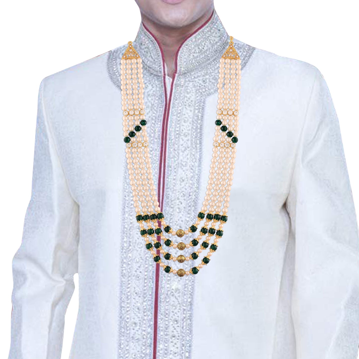 3 Layered Traditional Gold-Polished Dulha Moti Mala with Stone Maharaja Haar/Groom Necklace For Men - Wahe Jewels - Swadesiicart