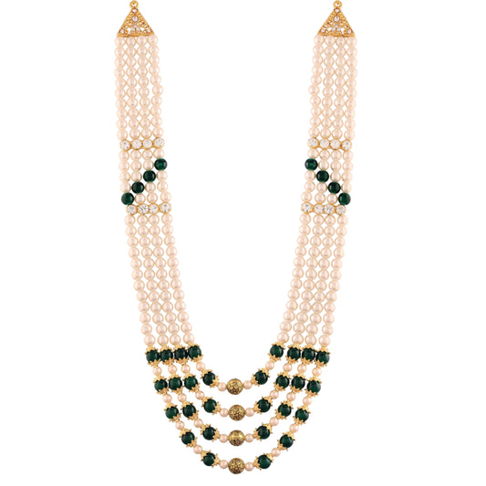 3 Layered Traditional Gold-Polished Dulha Moti Mala with Stone Maharaja Haar/Groom Necklace For Men - Wahe Jewels - Swadesiicart