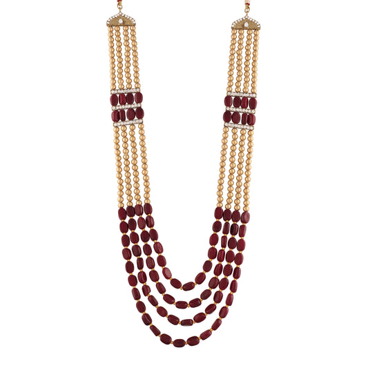 4 Layered Traditional Gold-Polished Dulha Moti Mala with Beads Maharaja Haar/Groom Necklace for Men - Wahe Jewels