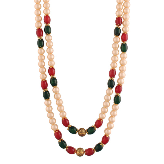 2 Layered Traditional Gold-Polished Dulha Moti Mala with Beads Maharaja Haar/Groom Long Necklace For Men - Wahe Jewels