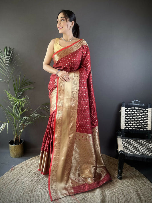 Joban Fashion Brick Red Small Butti Banarasi Silk Sarees | Swadesiicart