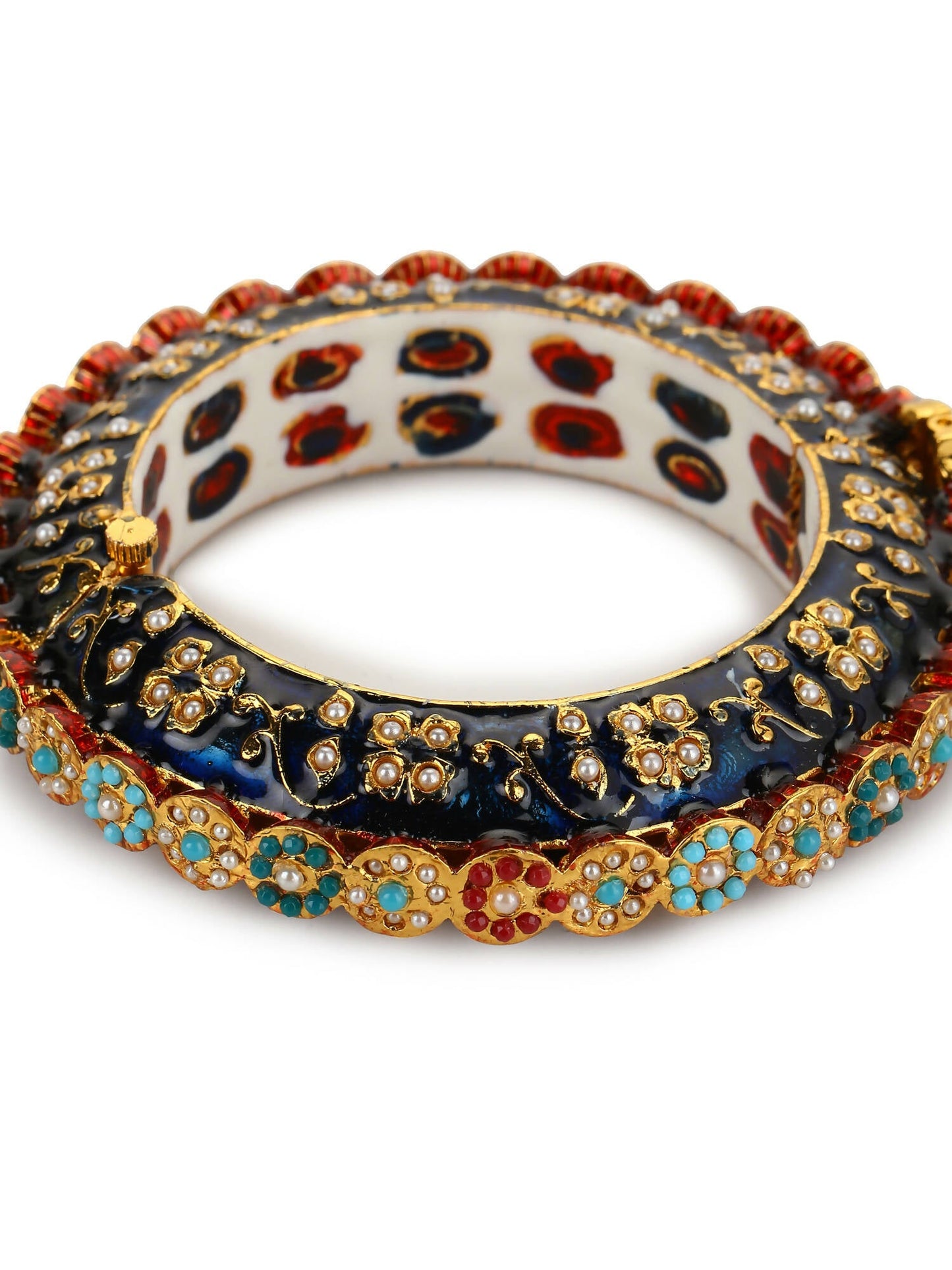 Gold-Polished Blue White Kundan Studded Pearls Beaded Bangle - Ruby Raang - Swadesiicart