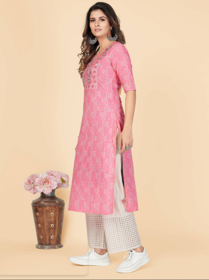 NOZ2TOZ Women's Printed & Embroidered Straight Cotton Pink Stitched Kurta (1Pc) - Swadesiicart