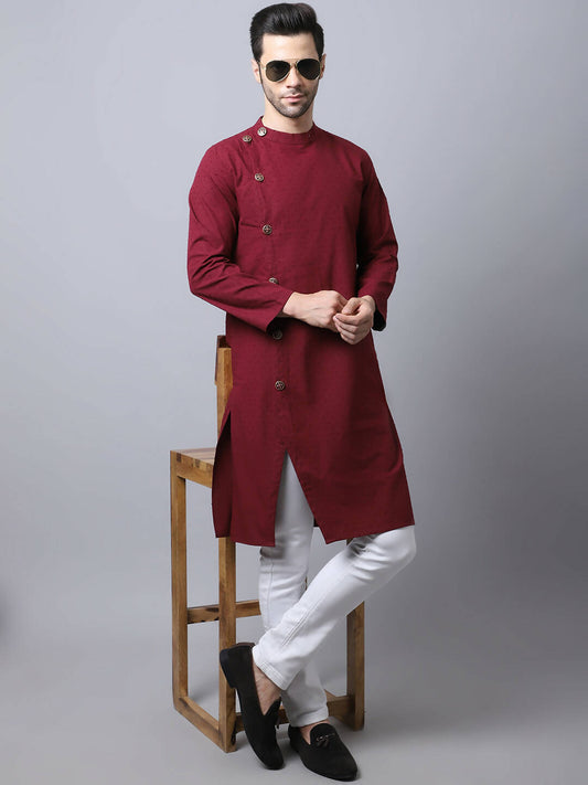 Even Apparels Maroon Pure Cotton Sherwani Men's Kurta With Asymetrical Cut | Swadesiicart