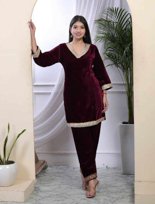 Miravan Women's Wine Embroidered Velvet Co-ord Set - Swadesiicart