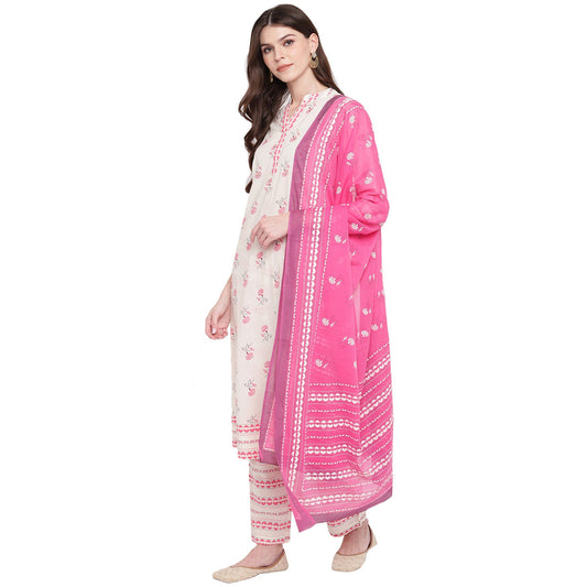 NOZ2TOZ Women White cotton kurta With palazzo & Dupatta (3 Pc Set) - Swadesiicart