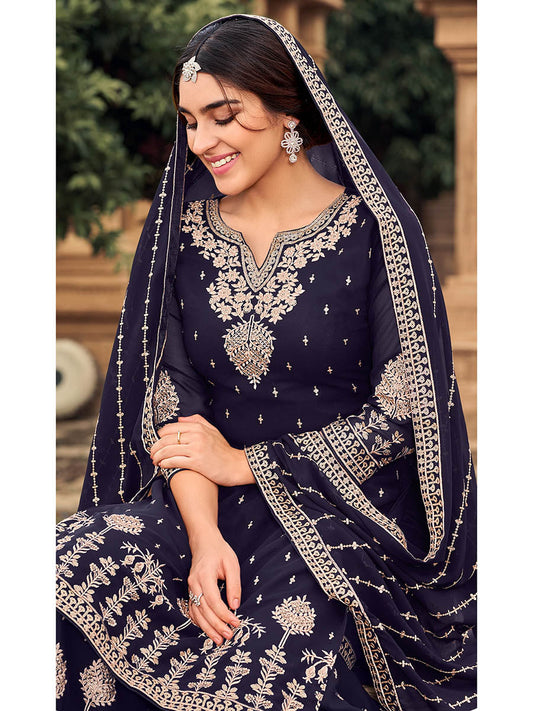 Myra Navy Blue heavy Georgette Koti Style Embroidered Sharara Suit | Swadesiicart