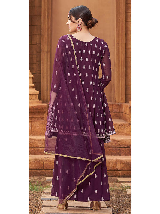 Myra Purple heavy Georgette Koti Style Embroidered Sharara Suit | Swadesiicart