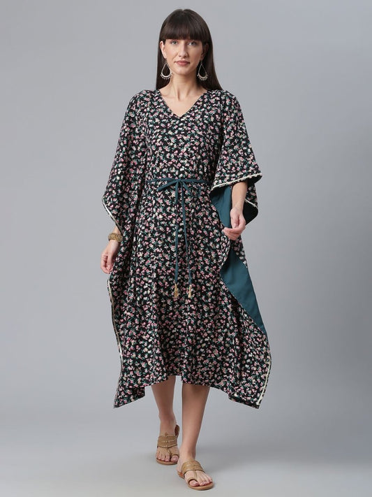 Ahalyaa Crepe Black Digital & Foil Floral Printed Kaftan | Swadesiicart
