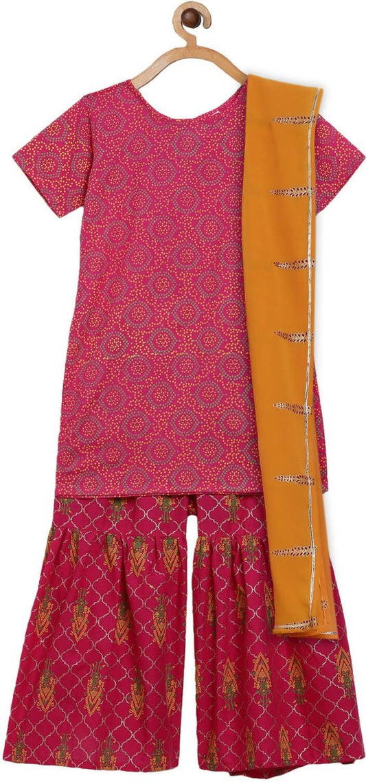 Ahalyaa Magenta Cotton Printed Kids Kurta Sharara Set With Dupatta For Girls | Swadesiicart