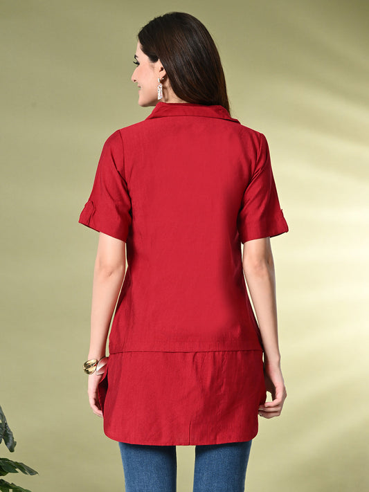 Myshka Women's Solid A-Line Collared Neck Casual Tunic In Red Color - Swadesiicart
