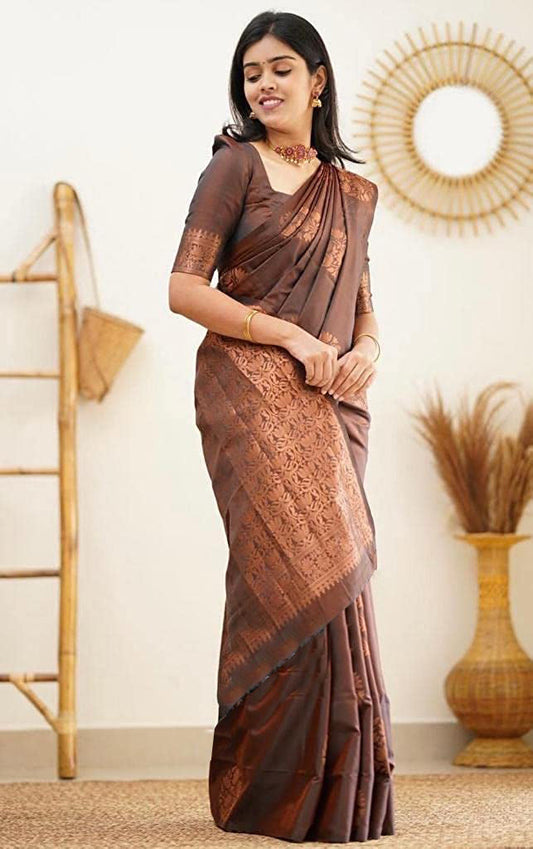 Vamika Brown Banarasi Jacquard Weaving Saree | Swadesiicart