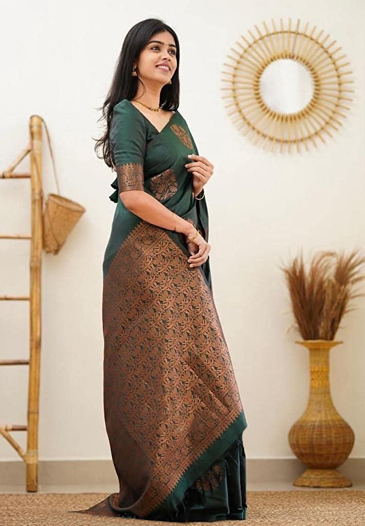 Vamika Green Banarasi Jacquard Weaving Saree | Swadesiicart