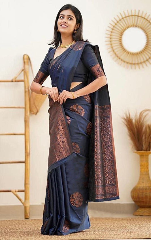 Vamika Navy Banarasi Jacquard Weaving Saree | Swadesiicart