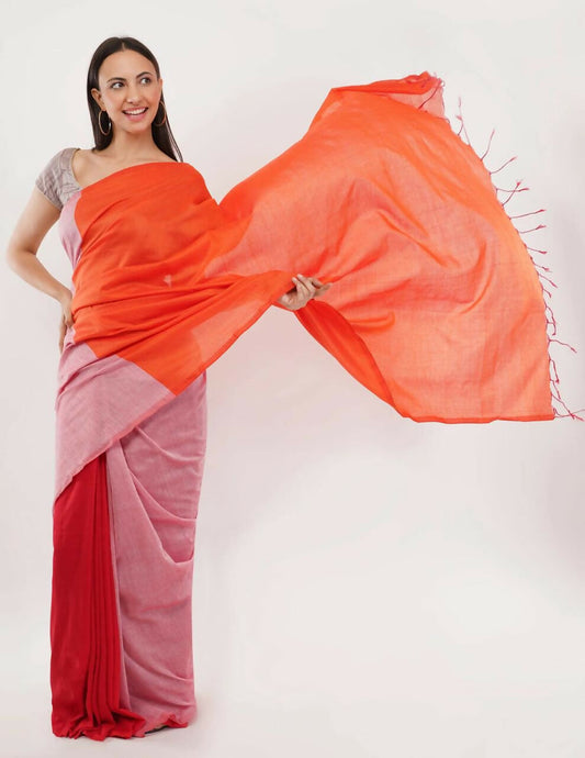 Exclusive Collection Beautiful Khadi Cotton Orange Light Pink Red Handloom Saree - Swadesiicart