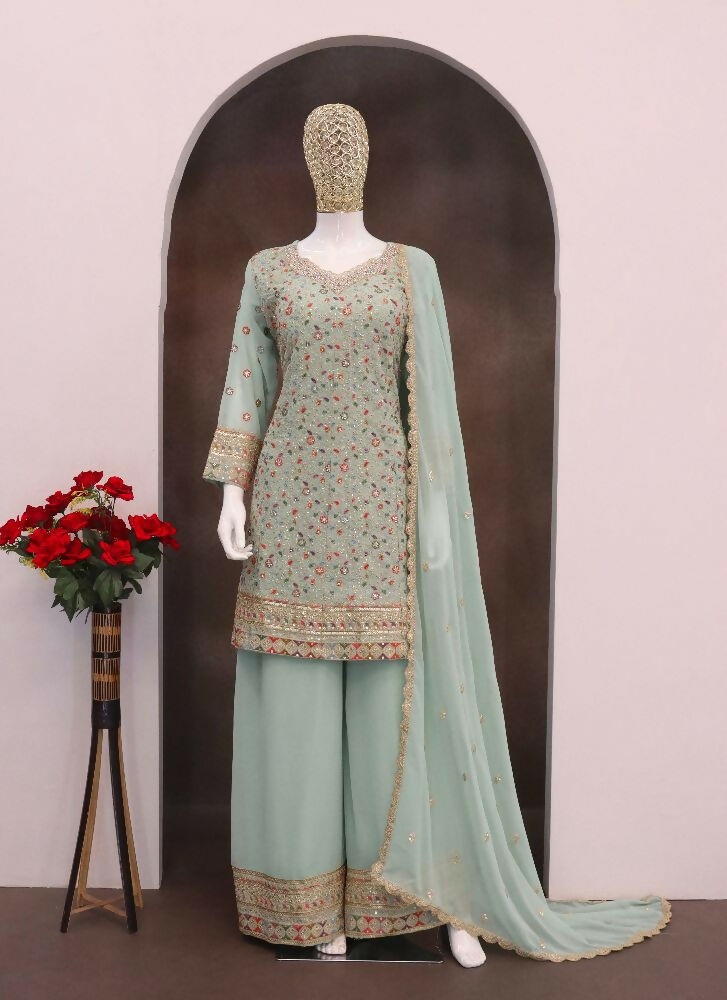 Anaita Sky-blue Embroderied Faux Georgette Stitched Plazzo Suit