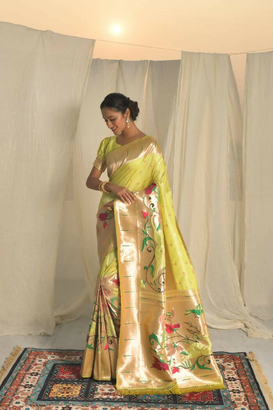 Vishnu Weaves Women's Pista Paithani Silk Zari Woven Saree with Unstitched Blouse - Swadesiicart