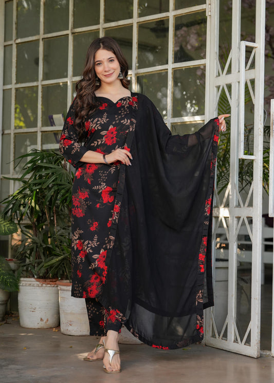 The52 Women's Printed Silk Blend Fabric Straight Kurta, Pant and Dupatta Set - Swadesiicart