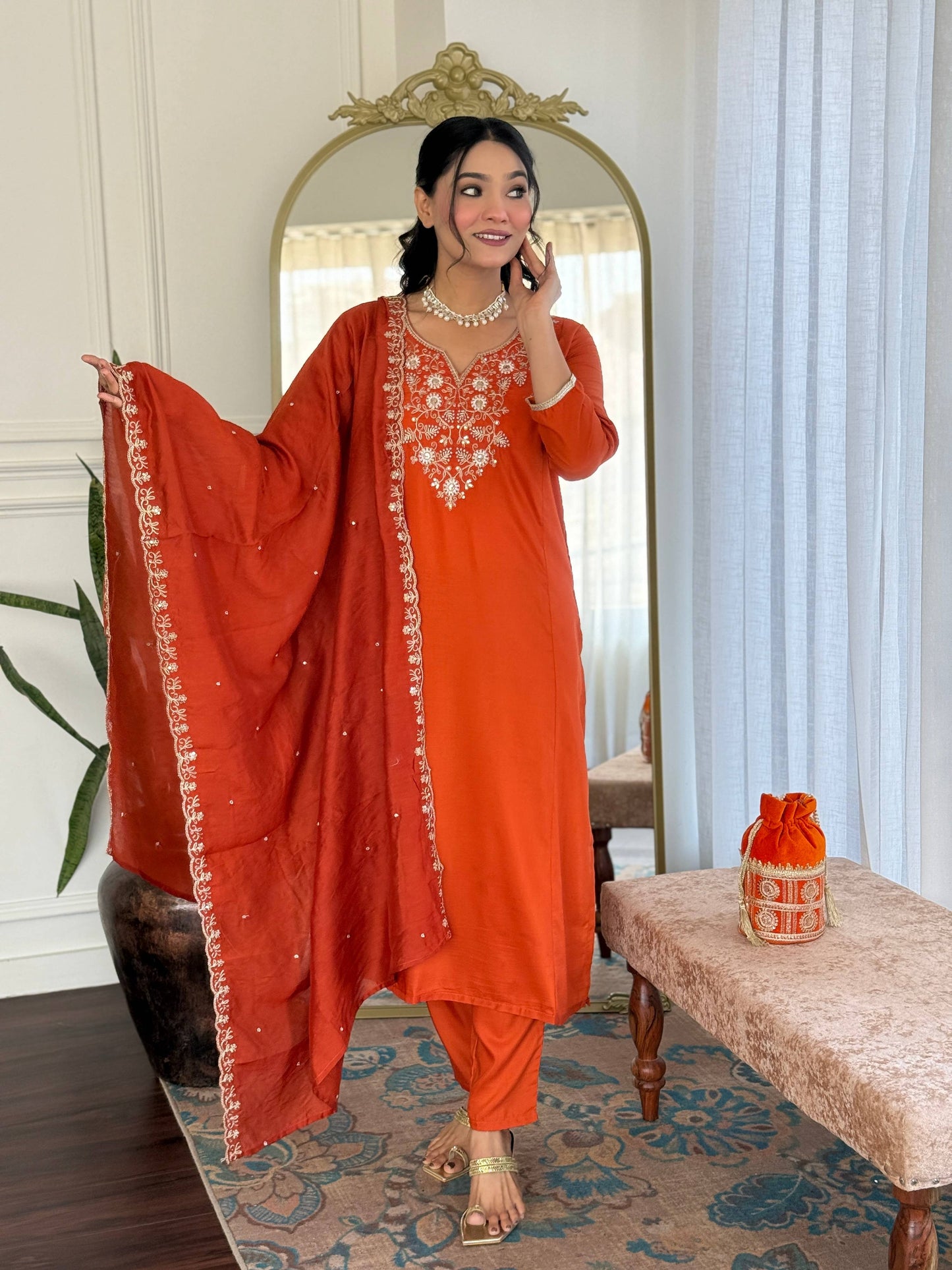 The52 Women's Beautiful Viscose Chinon Embroidered Straight Kurta with Pant And Dupatta Set - Swadesiicart