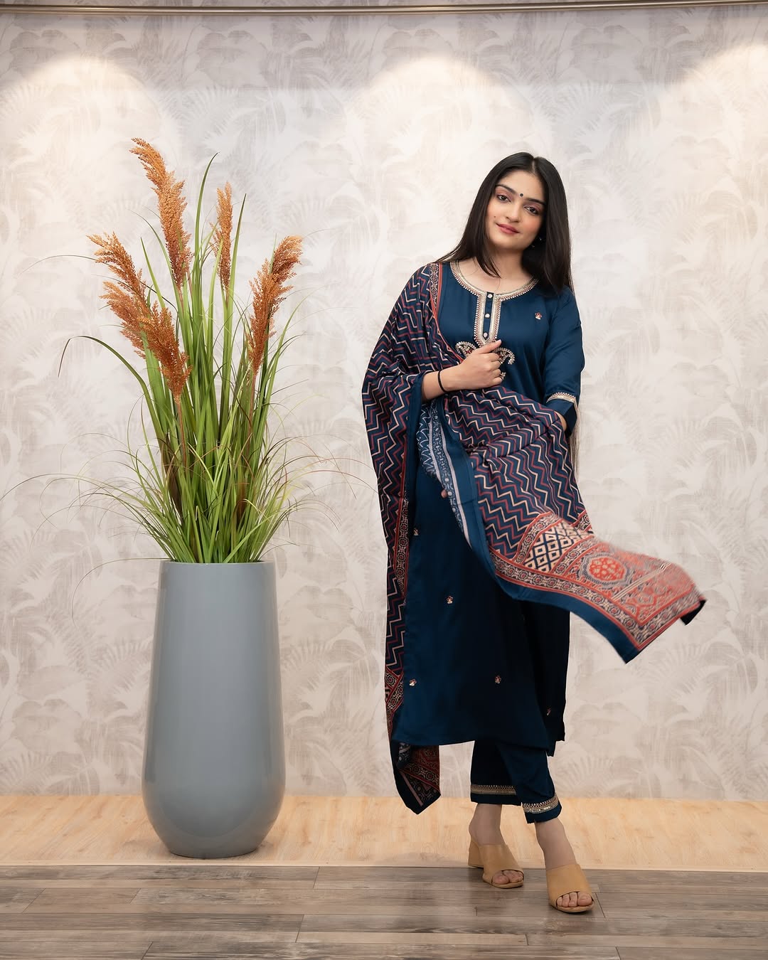 The52 Women's Gorgeous Chanderi Silk Embroidery Straight Kurta with Pant and Dupatta Set - Swadesiicart
