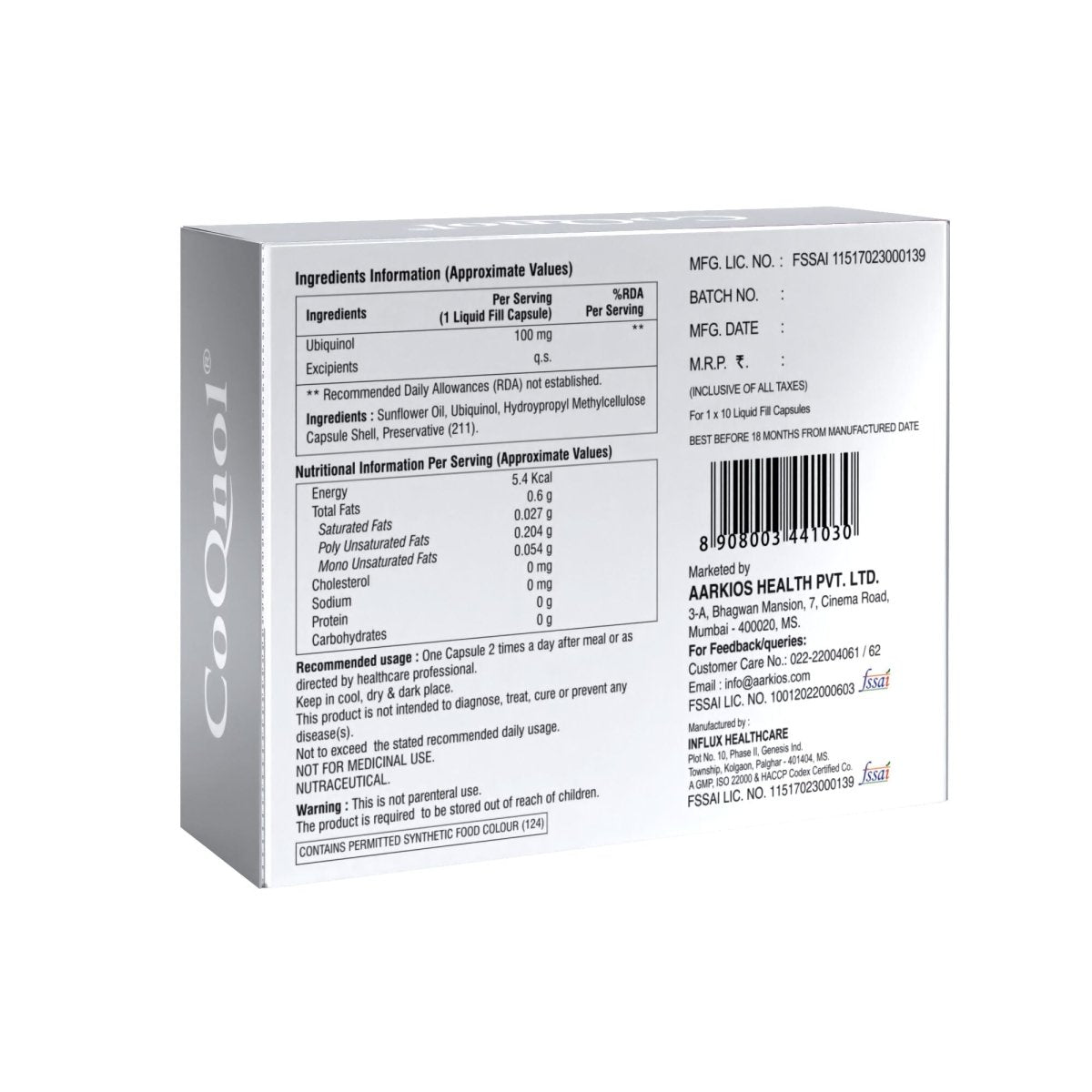 Aarkios CoQnol Ubiquinol 100 mg Capsules | Swadesiicart