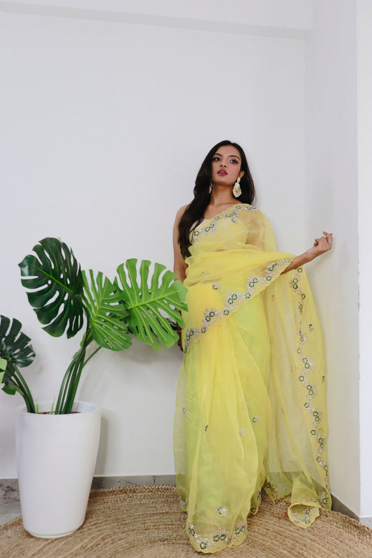 Vamsee Meera Yellow Organza Saree - Swadesiicart