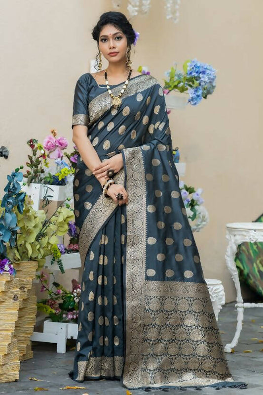 Vishnu Weaves Women's Grey Banarasi Silk Floral Zari Woven Saree with Unstitched Blouse - Swadesiicart