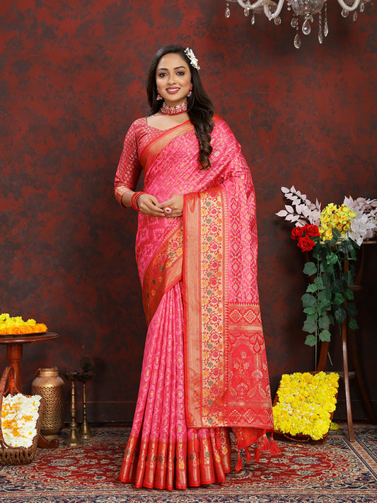 Lorenvalley Fashion Magenta Organza Silk Woven Design with Rich Meenakari Weaving Pallu Saree - Swadesiicart