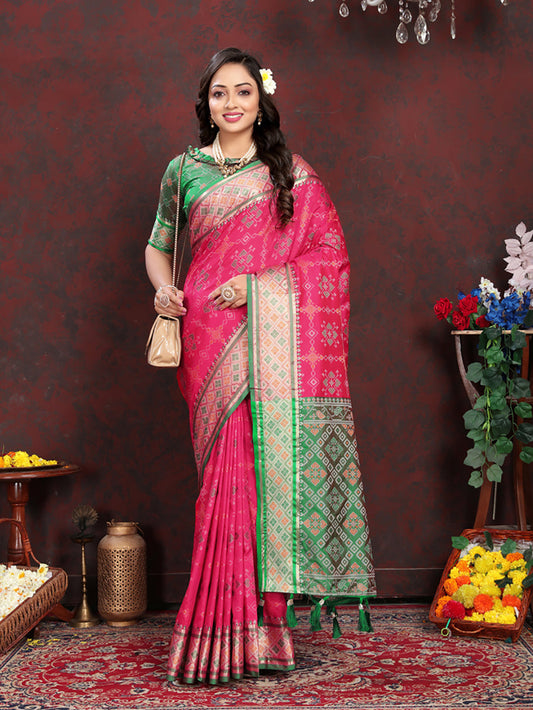 Lorenvalley Fashion Magenta Patola Silk Woven Design with Zari Meenakari Weaving motifs Pallu Saree - Swadesiicart