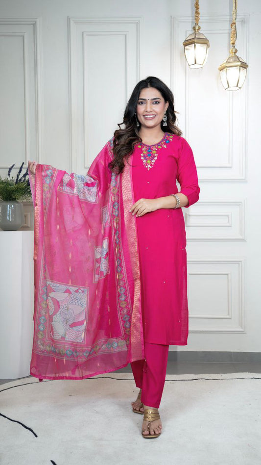Lorenvalley Fashion Magenta Roman Silk Hand Work Kurta Pant with Dupatta - Swadesiicart