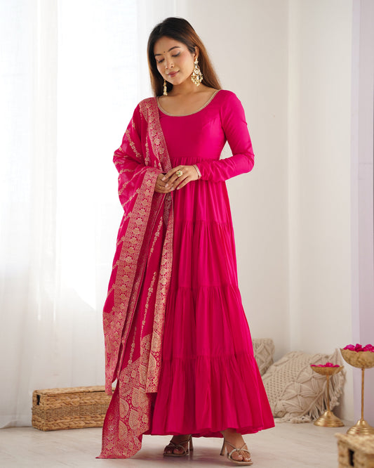 Lorenvalley Women Pure Roman silk Chanderi Fabric Layer Gathering Anarkali Kurta Pant With Dupatta Set - Magenta | Swadesiicart