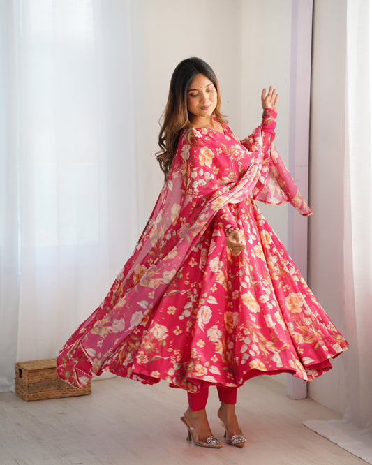 Lorenvalley Magenta Soft Organza Silk With Floral Print Fully Flared Anarkali Pant With Dupatta Set