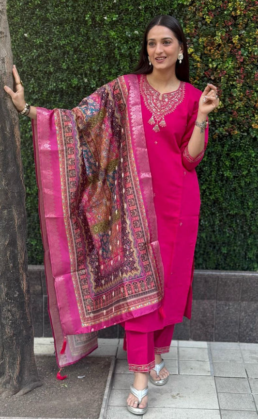 Lorenvalley Fashion Magenta Roman Silk Embroidery Multi Work Kurta Pant with Dupatta - Swadesiicart