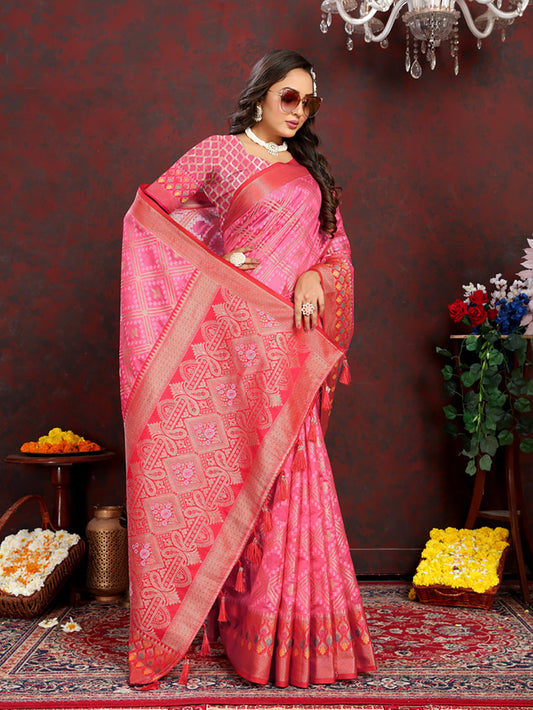 Lorenvalley Fashion Magenta Organza Silk Woven Design with Rich Meenakari Weaving Pallu Saree - Swadesiicart