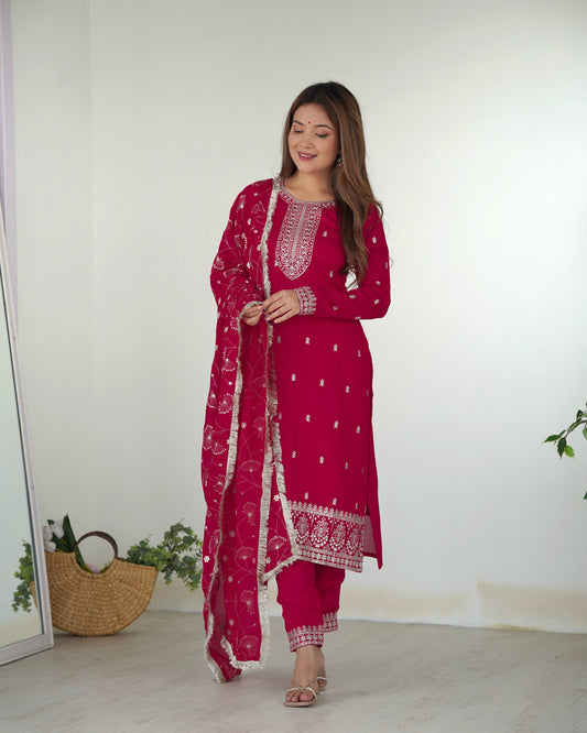 Lorenvalley Magenta Rangoli Silk Embroidery Sequence and Jari Work Kurta Trousers with Dupatta Set | Swadesiicart