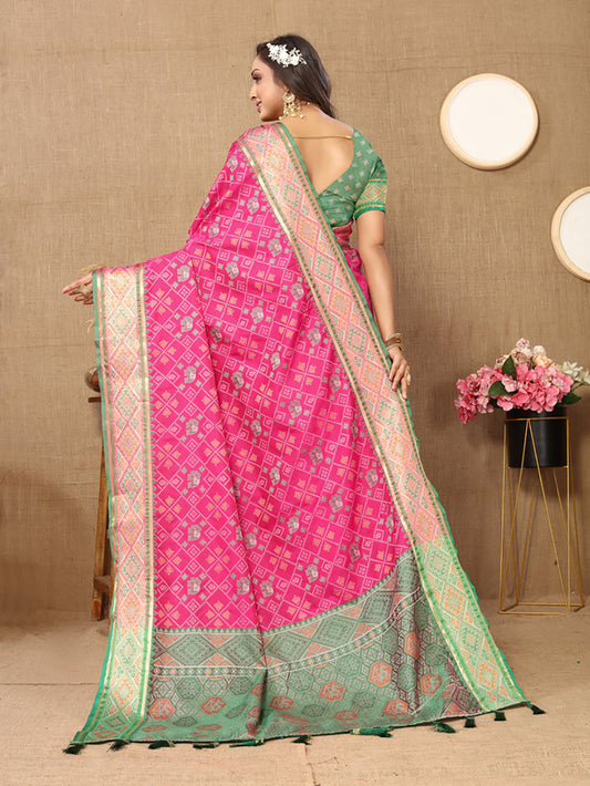 Lorenvalley Fashion Magenta Patola Silk Woven Design with Zari Meenakari Weaving motifs Pallu Saree - Swadesiicart