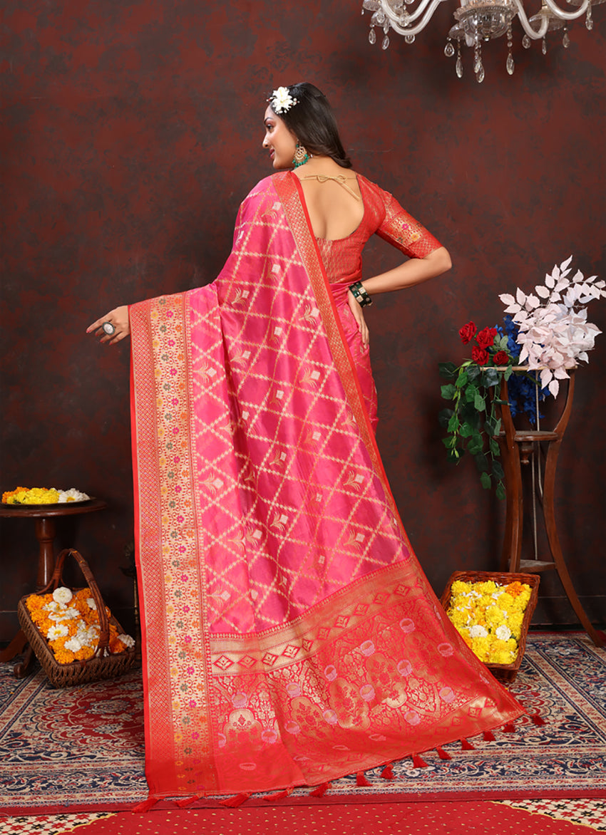 Lorenvalley Fashion Magenta Organza Silk Woven Design with Rich Meenakari Weaving Pallu Saree - Swadesiicart