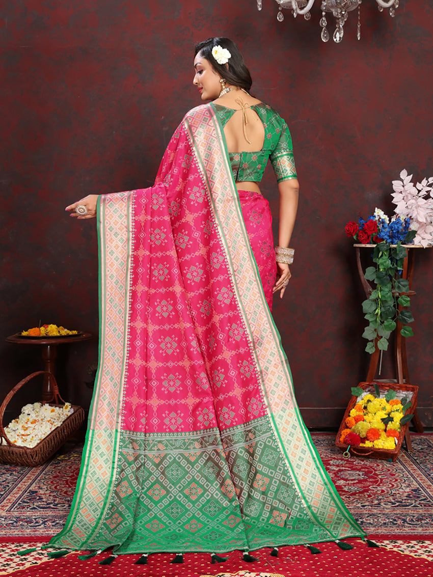 Lorenvalley Fashion Magenta Patola Silk Woven Design with Zari Meenakari Weaving motifs Pallu Saree - Swadesiicart