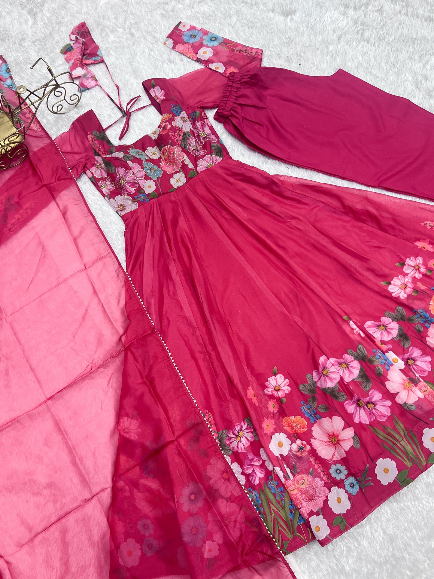 Lorenvalley Parrot Soft Organza Silk With Floral Print Fully Flared Anarkali Pant With Dupatta Set - Magenta | Swadesiicart