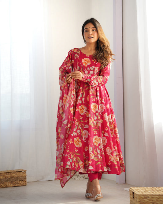 Lorenvalley Magenta Soft Organza Silk With Floral Print Fully Flared Anarkali Pant With Dupatta Set