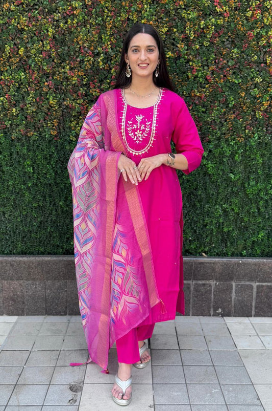Lorenvalley Fashion Magenta Roman Silk Hand Work Kurta Pant with Dupatta - Swadesiicart