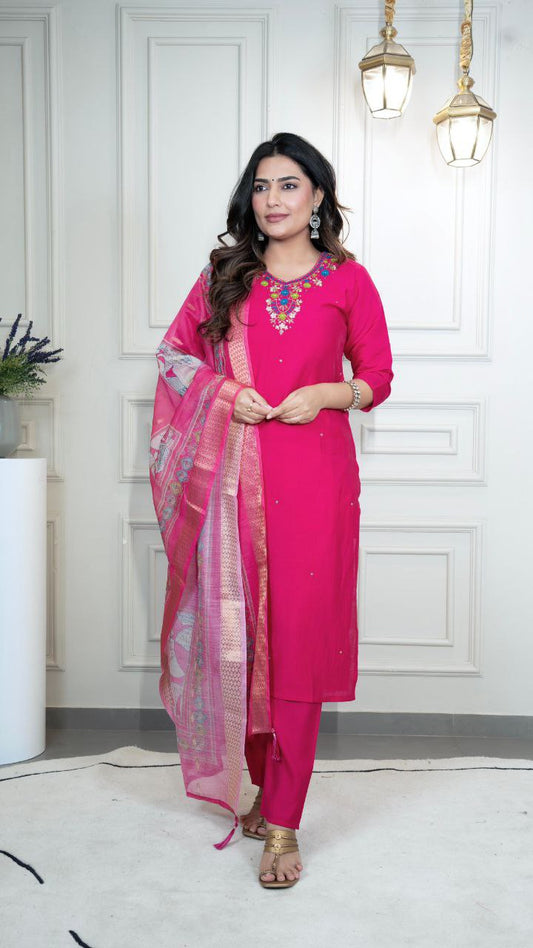 Lorenvalley Fashion Magenta Roman Silk Hand Work Kurta Pant with Dupatta - Swadesiicart