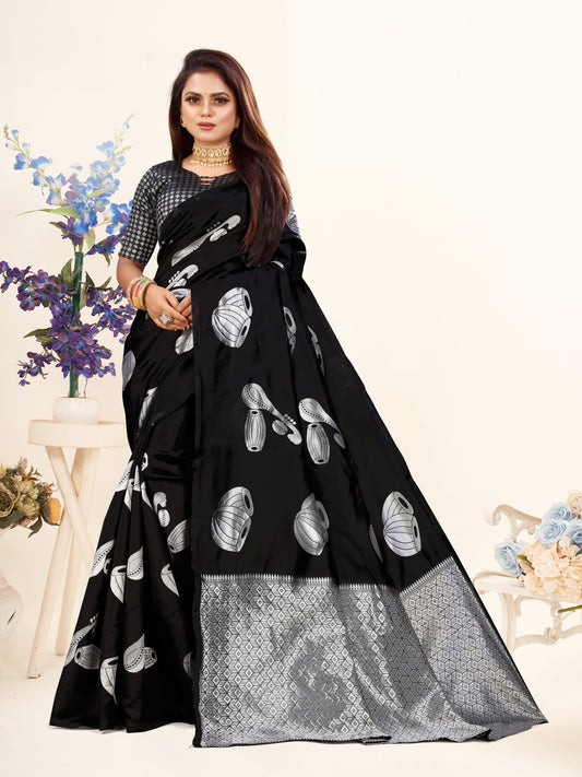 Vedant Vastram Litchi Silk Designer Banarasi Saree - Black | Swadesiicart