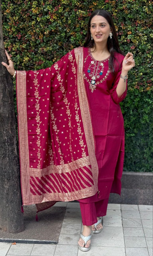 Lorenvalley Fashion Maroon Roman Silk Hand Work Kurta Pant with Dupatta - Swadesiicart