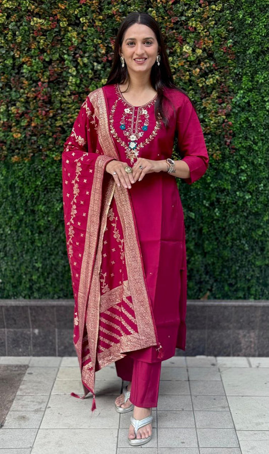 Lorenvalley Fashion Maroon Roman Silk Hand Work Kurta Pant with Dupatta - Swadesiicart