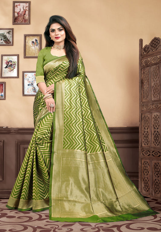 Vedant Vastram Litchi Silk Designer Banarasi Saree - Mehndi | Swadesiicart